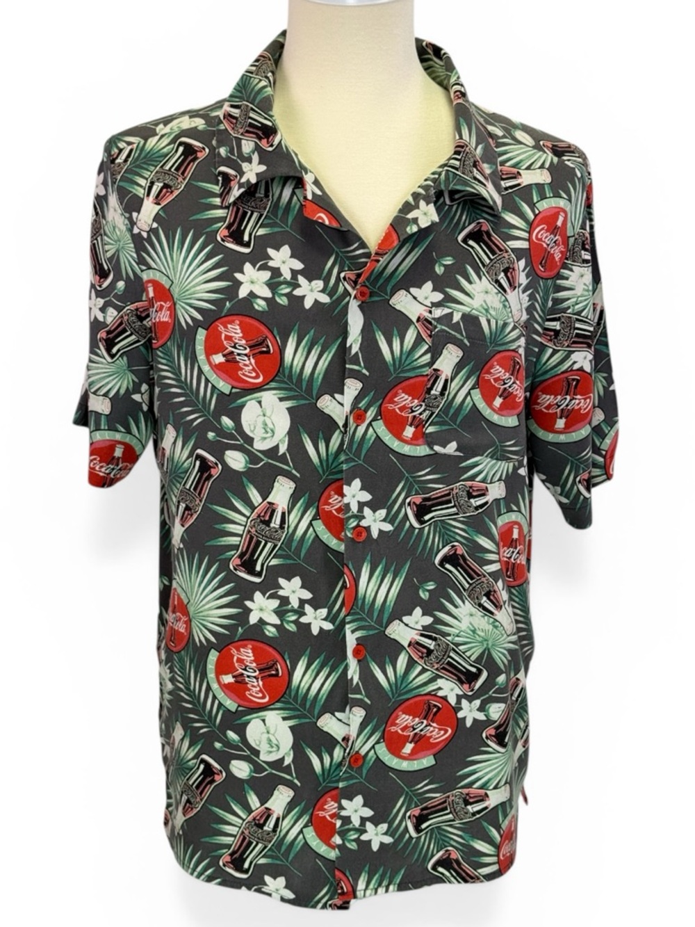Coca Cola Men's Tropical Hawaiian Grey Coke Bottles Short Sleeve Shirt Size XL